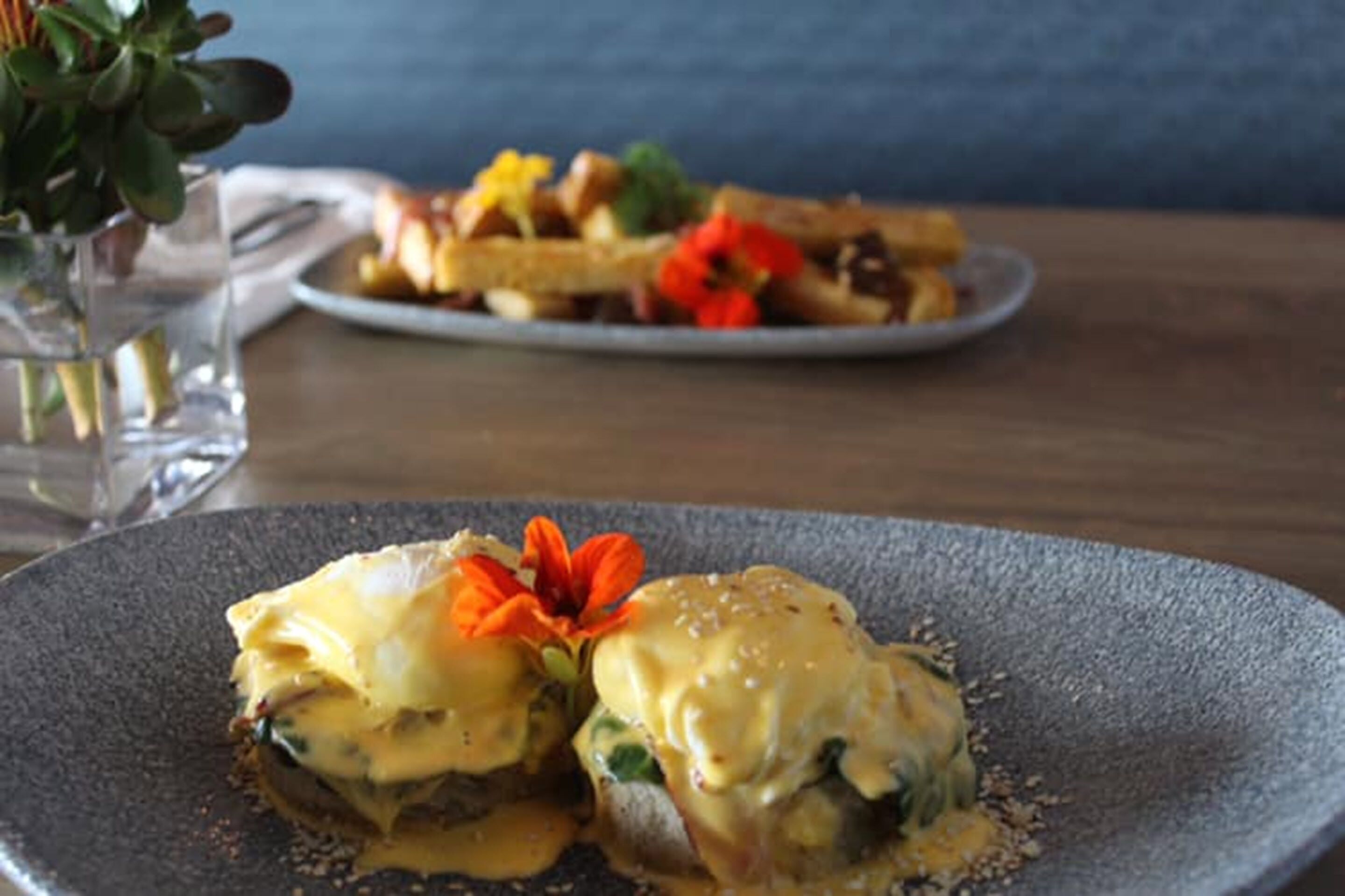 A plate of food with a flower garnish.