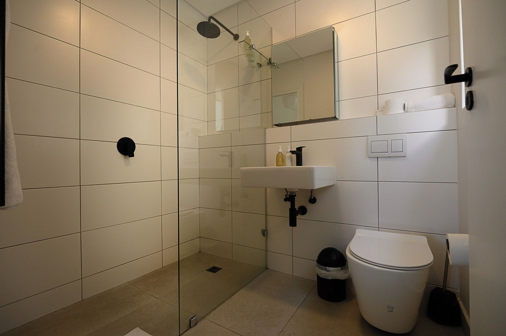 A modern bathroom with a glass-enclosed shower, a white sink with a mirror above it, and a toilet.
