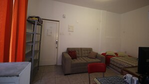 Una habitación pequeña y luminosa con sofá, cama, televisor y estantería.
