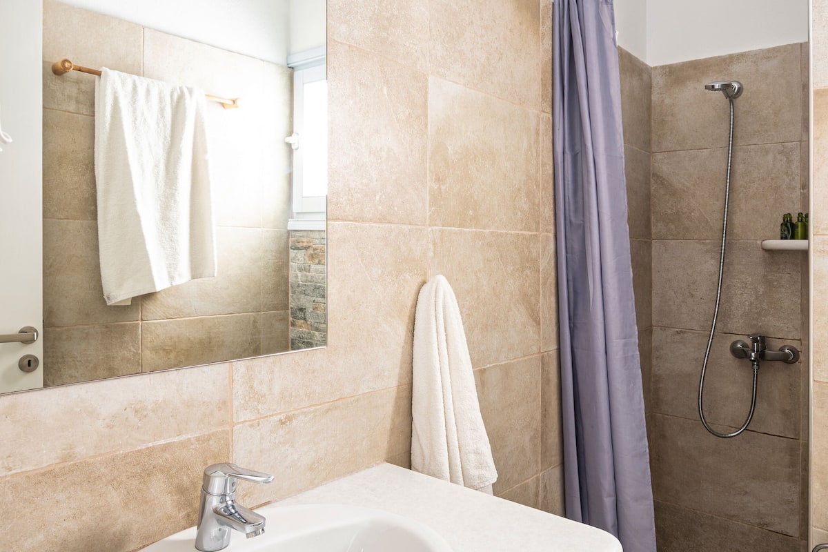 deluxe double room with street view | bathroom | shower, free toiletries, towels