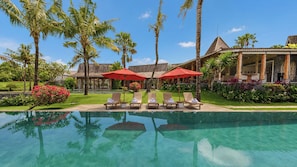 Outdoor pool, pool umbrellas, pool loungers