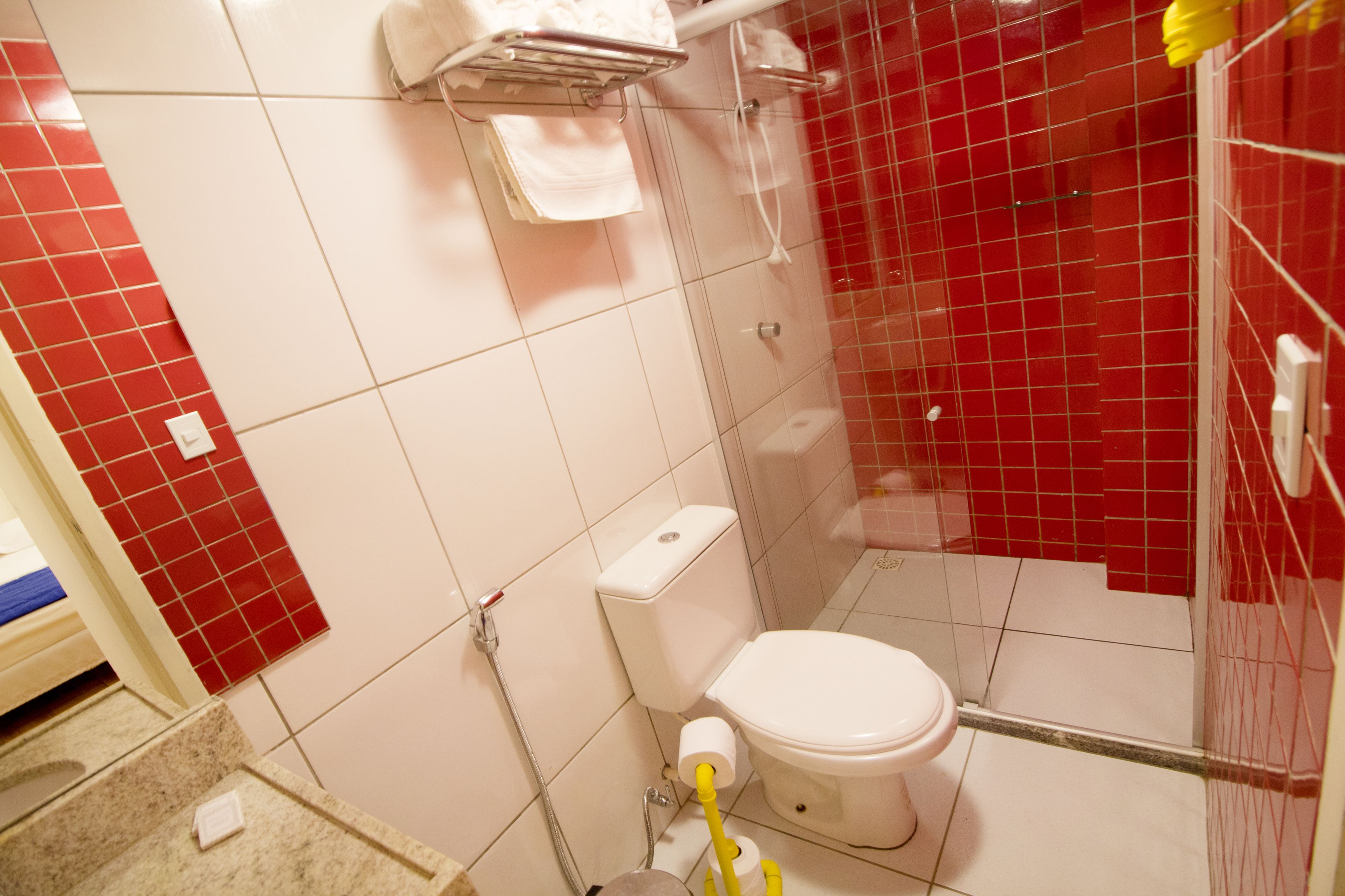 Une salle de bain avec des toilettes, une douche et un lavabo.