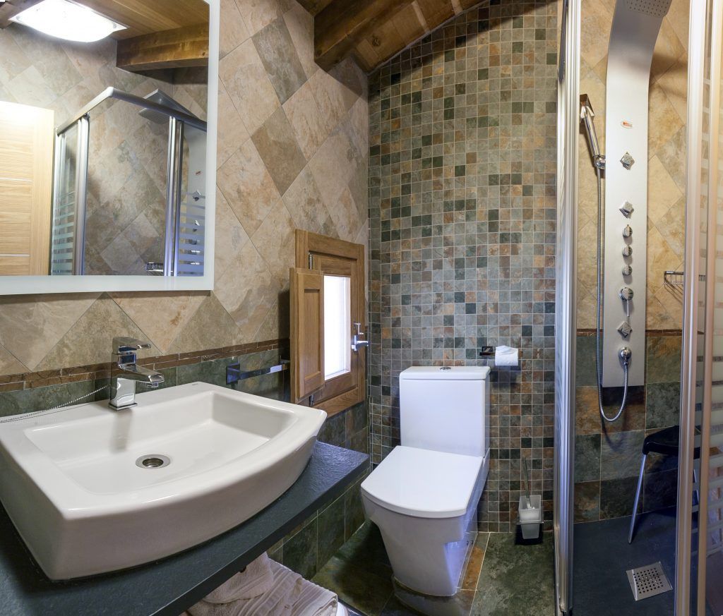 Une salle de bain avec un grand lavabo, des toilettes et un espace douche.