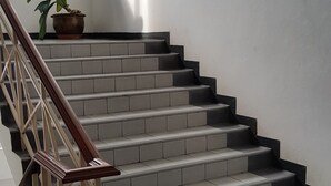 A staircase with a handrail, leading up to a landing with a potted plant and a framed picture on the wall. - Wiang Inn Mansion (Chiang Mai)