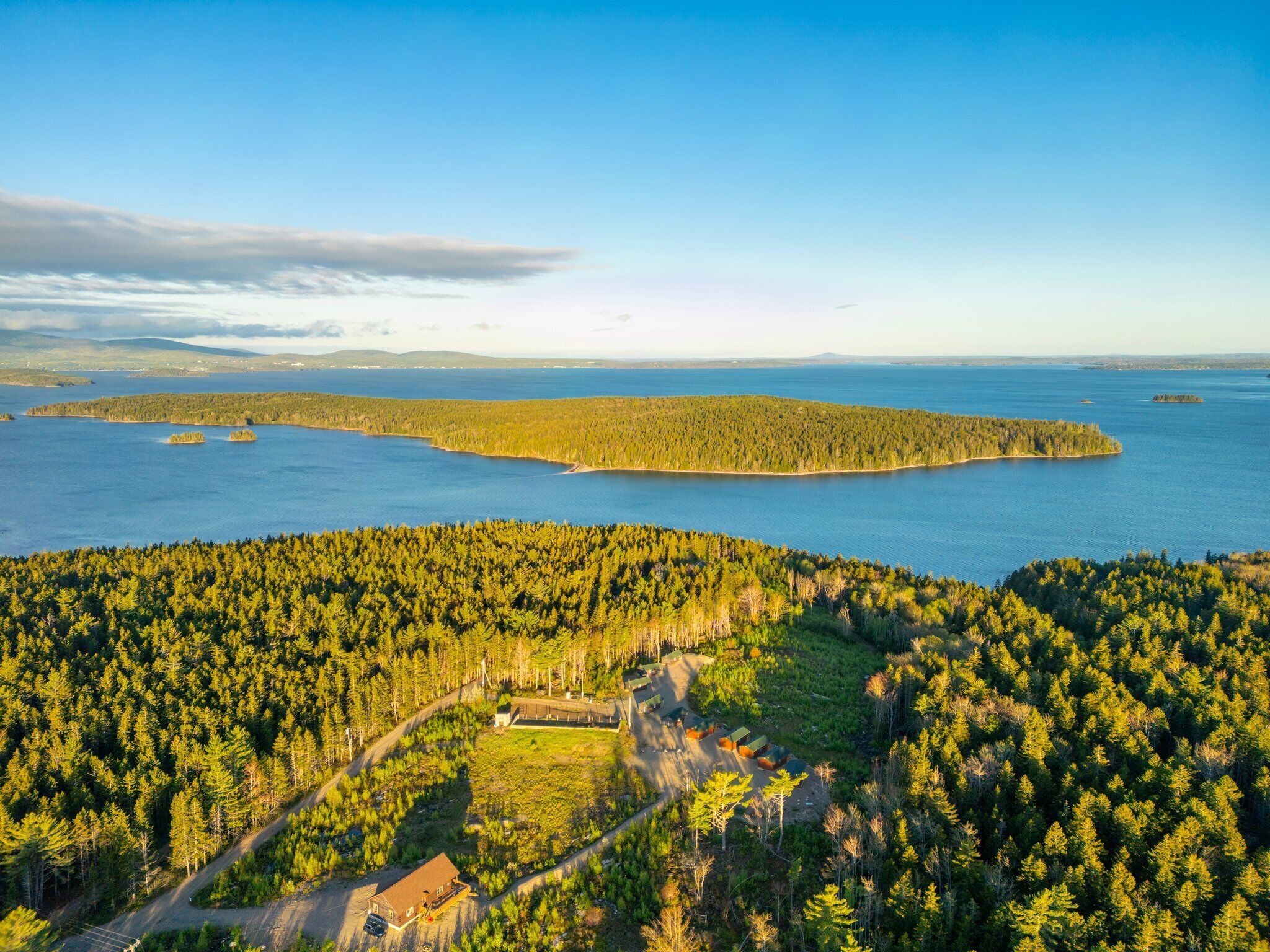 An aerial view of a forested area with a small island and a body of water.
