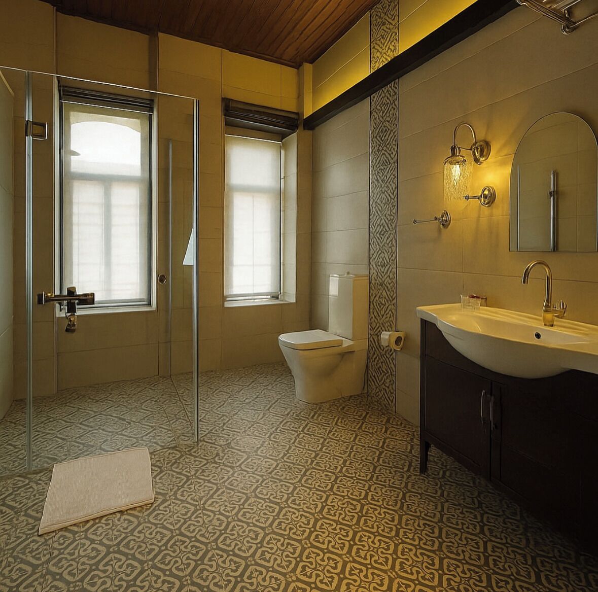 A modern bathroom with a glass shower enclosure, a toilet, and a vanity with a mirror.
