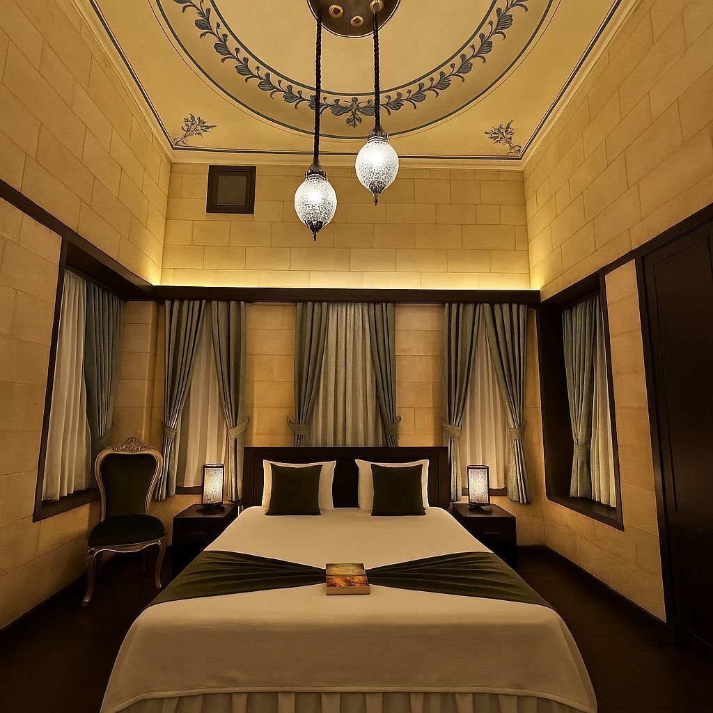 A hotel room with a large bed, two nightstands, a chair, and a ceiling with decorative moldings.