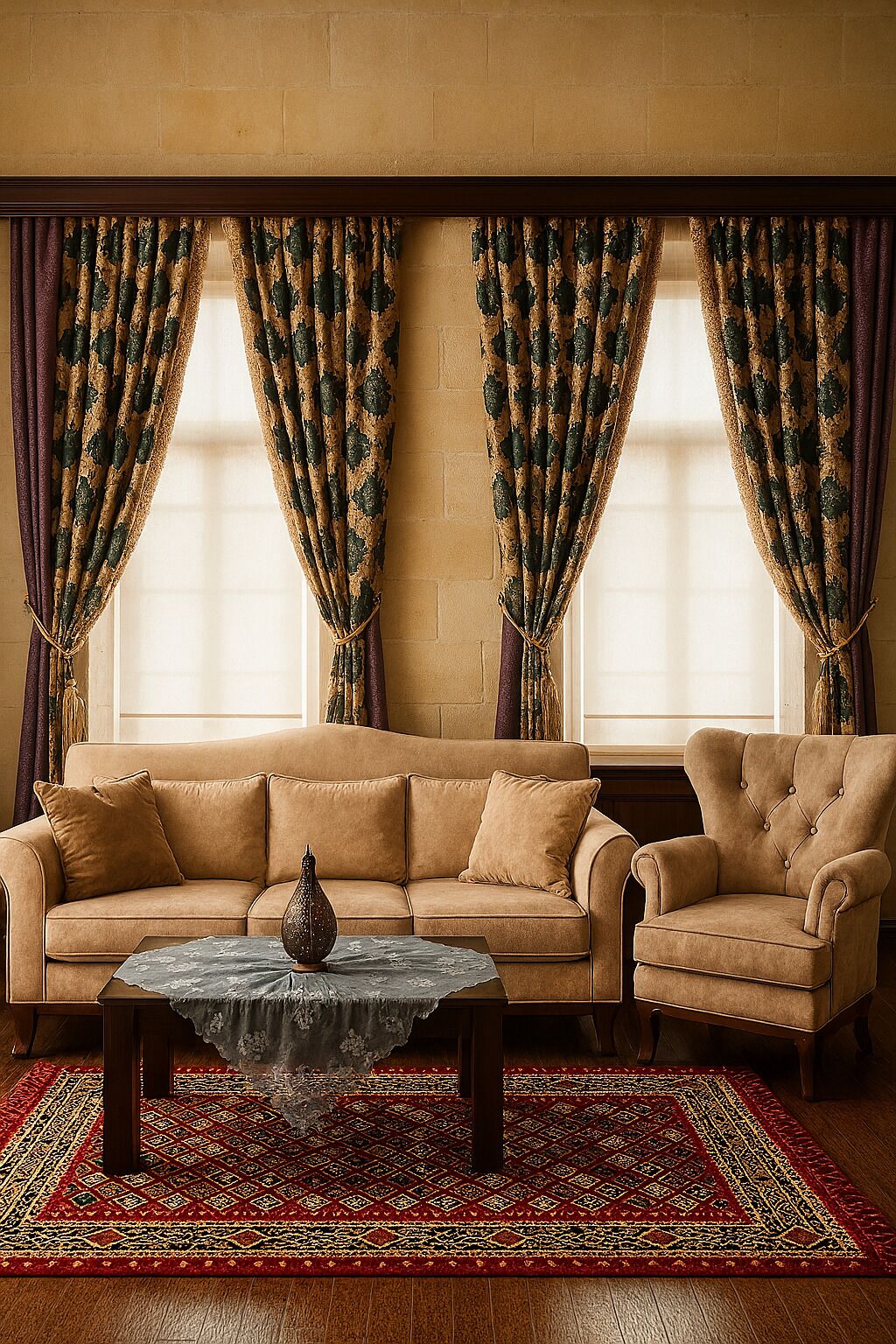 A living room with a beige sofa, a matching armchair, a coffee table, and a patterned rug.