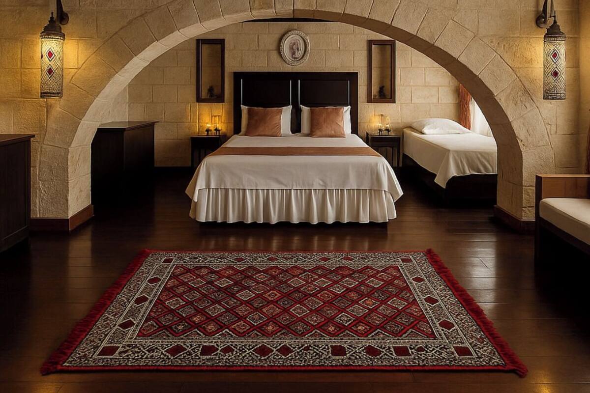 Quarto de hotel com uma cama grande, duas mesas de cabeceira, um tapete vermelho estampado e paredes de pedra com vigas de madeira.