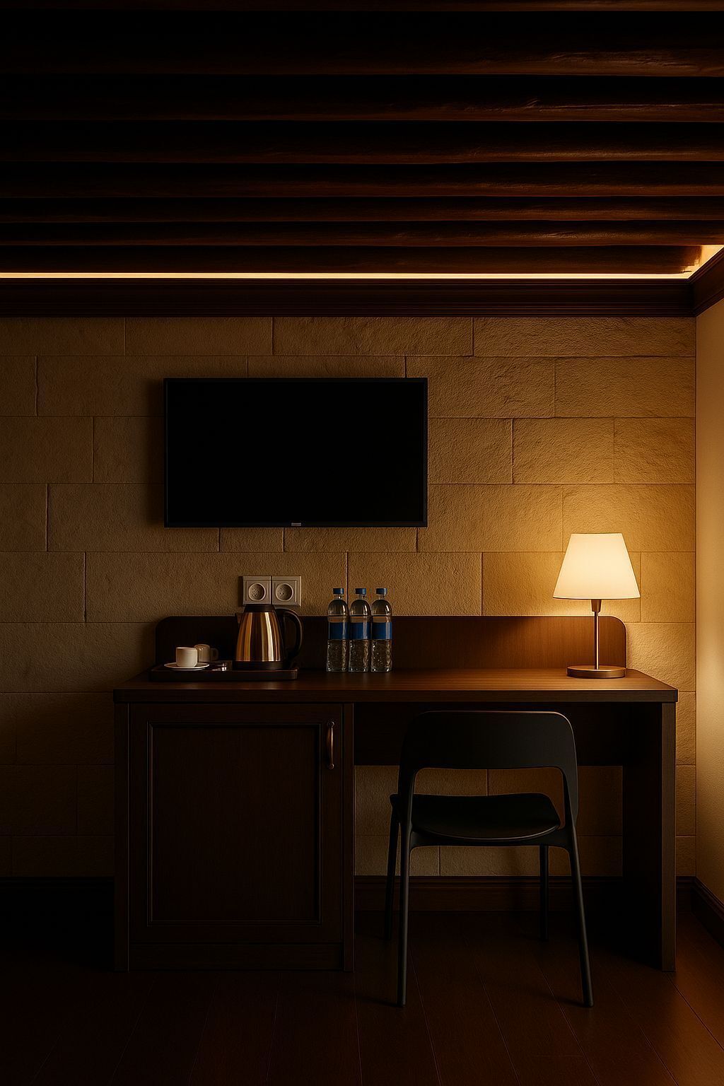 A dark room with a flat-screen TV mounted on a brick wall, a wooden desk with a lamp, a chair, and a coffee maker.