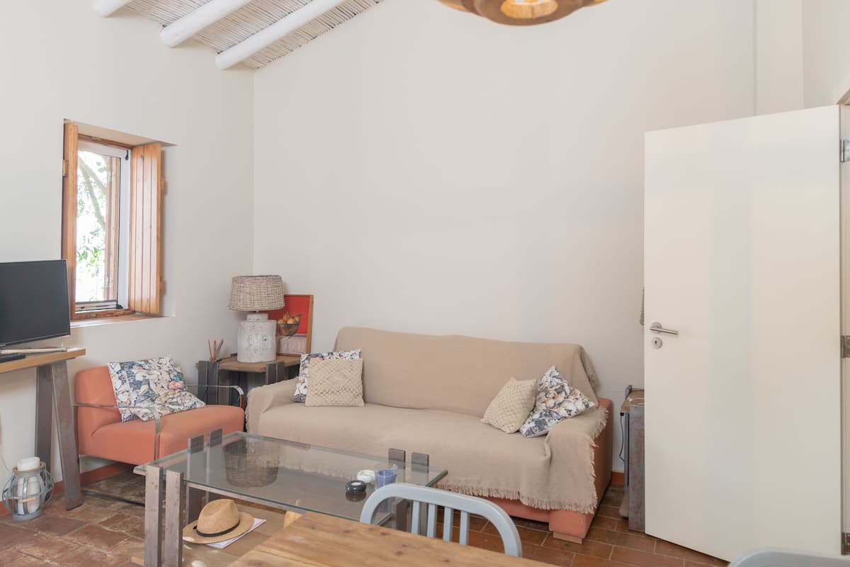 A cozy living room with a sofa, a glass coffee table, a television, and a dining area with a table and chairs.