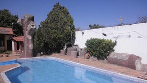 A swimming pool with a tiled edge, surrounded by a white wall, a large tree, and a small bush. - Pousada LN (Caldas Novas)