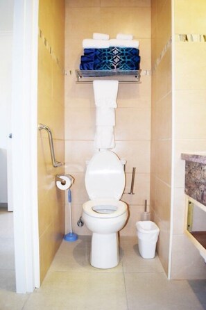 A compact bathroom with a toilet, a handrail, a roll of toilet paper, and a trash bin.