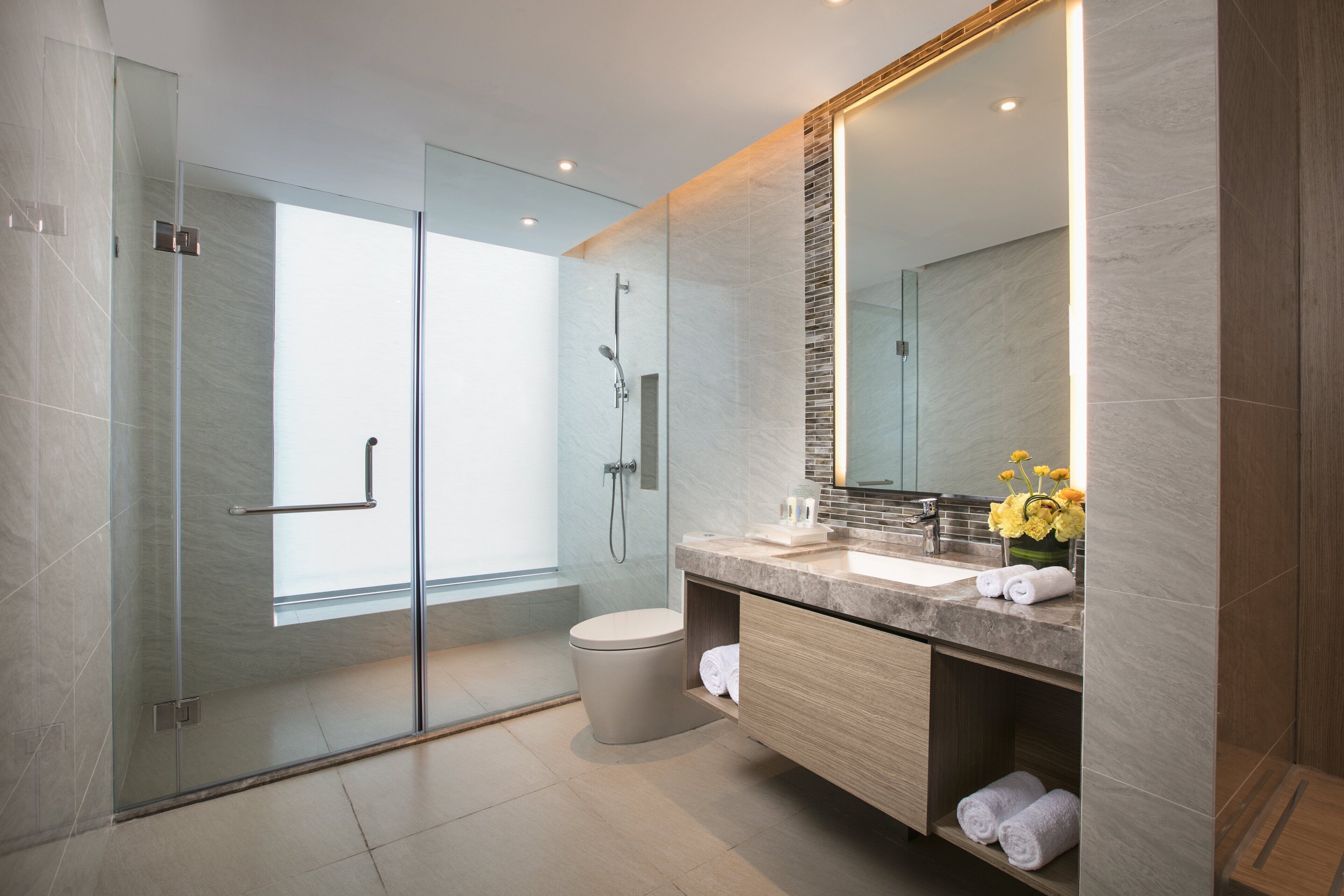 A modern bathroom with a glass shower enclosure, a toilet, a vanity with a mirror, and a sink.