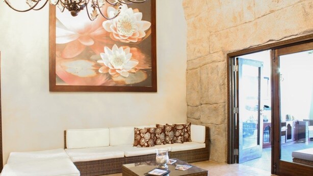 A modern living room with a white sofa, a coffee table, and a large floral artwork on the wall. - Casa Luna (Oranjestad)