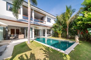 Outdoor pool, pool umbrellas, pool loungers