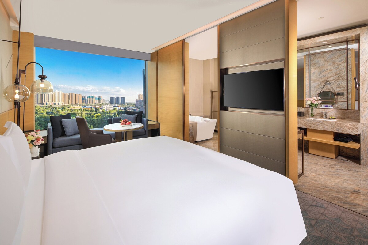 Une chambre d’hôtel avec un grand lit, une télévision, une salle de bain avec un miroir et une vue sur le paysage urbain.