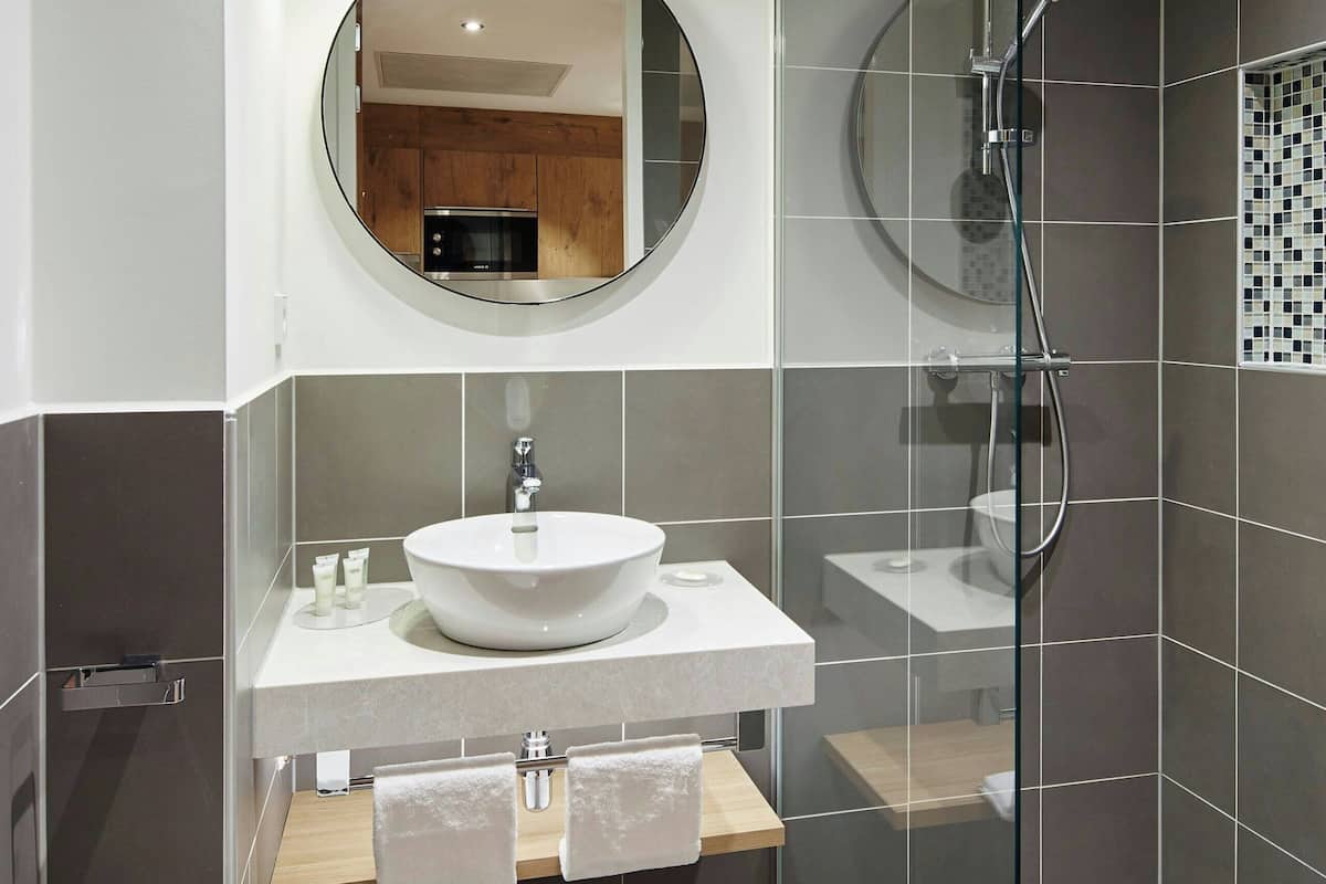 free toiletries, hair dryer, towels, toilet paper