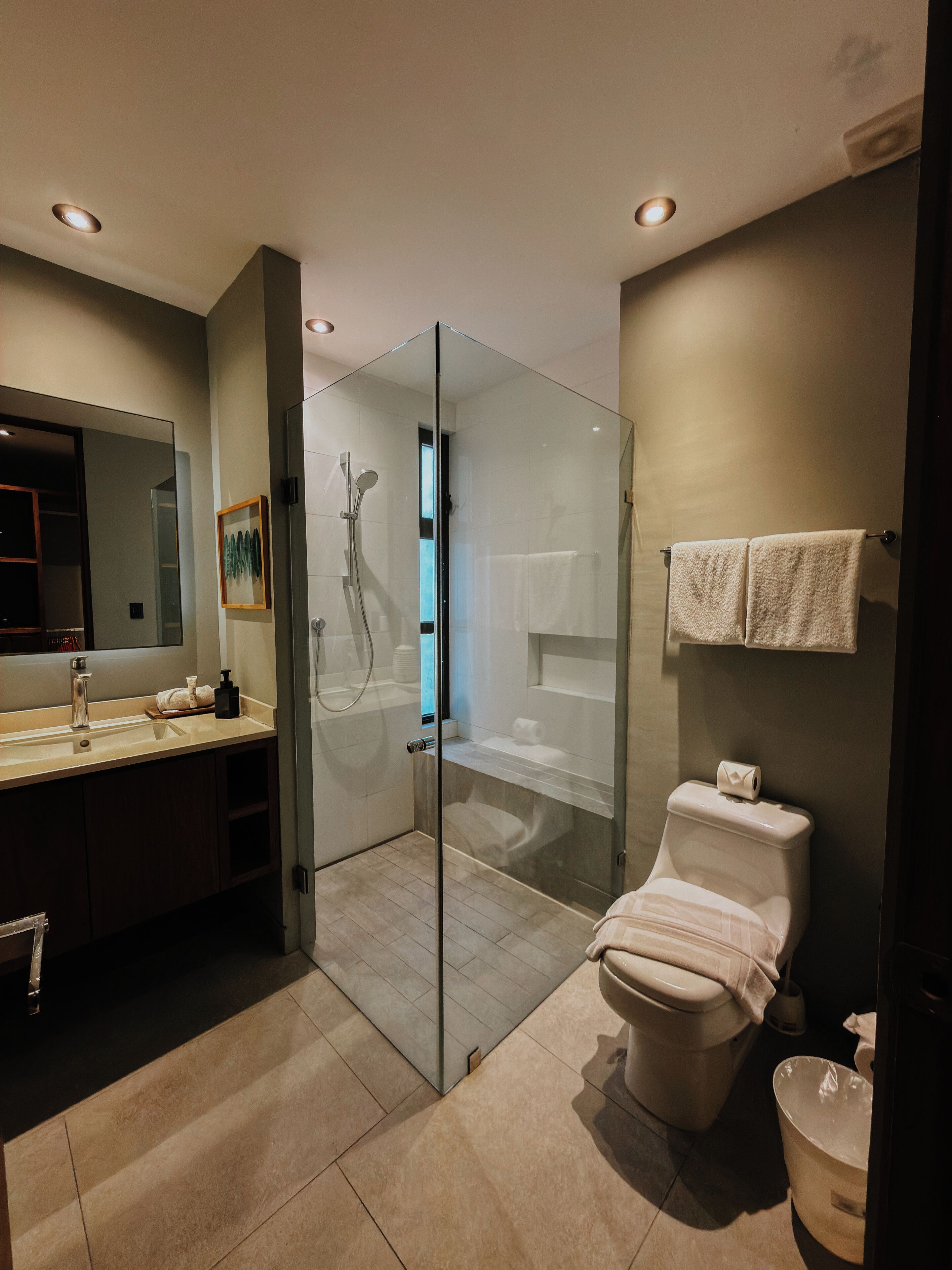 A modern bathroom with a glass-enclosed shower, a toilet, and a sink with a mirror.