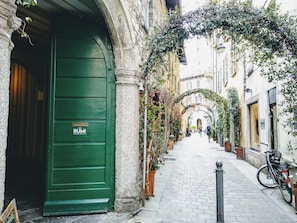 A narrow cobblestone street with a green door labeled "RUMI" on the left, flanked by buildings with ivy-covered arches and potted plants.