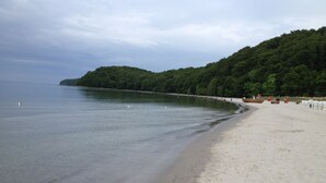 A beach with a sandy shore, calm water, and a forested hill in the background.