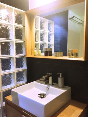 Dusche, Haartrockner, Handtücher, Seife