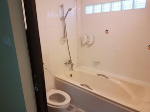 Combined shower/bathtub, free toiletries, towels