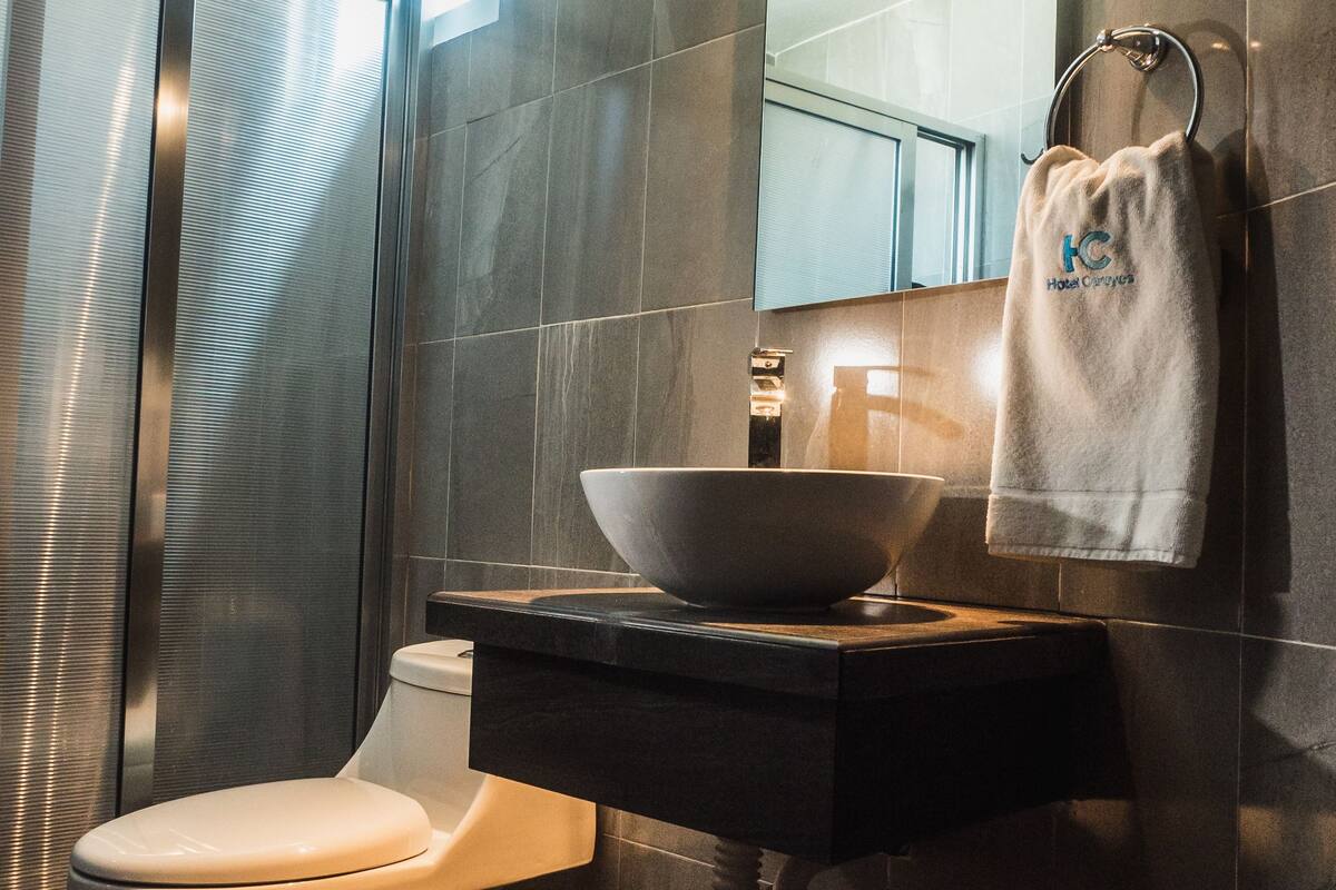 deep-soaking bathtub, free toiletries, hair dryer, towels