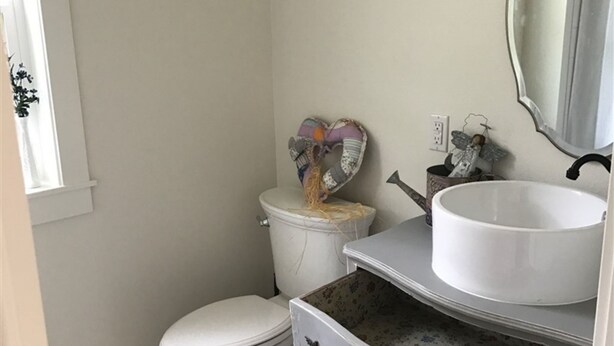 A bathroom with a toilet, a heart-shaped decoration on the back of the toilet, a sink with a mirror above it, and a floral-patterned cabinet below the sink. - Snowgoose Pond Bed & Breakfast (Palmer)