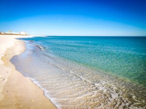 On the beach, sun loungers