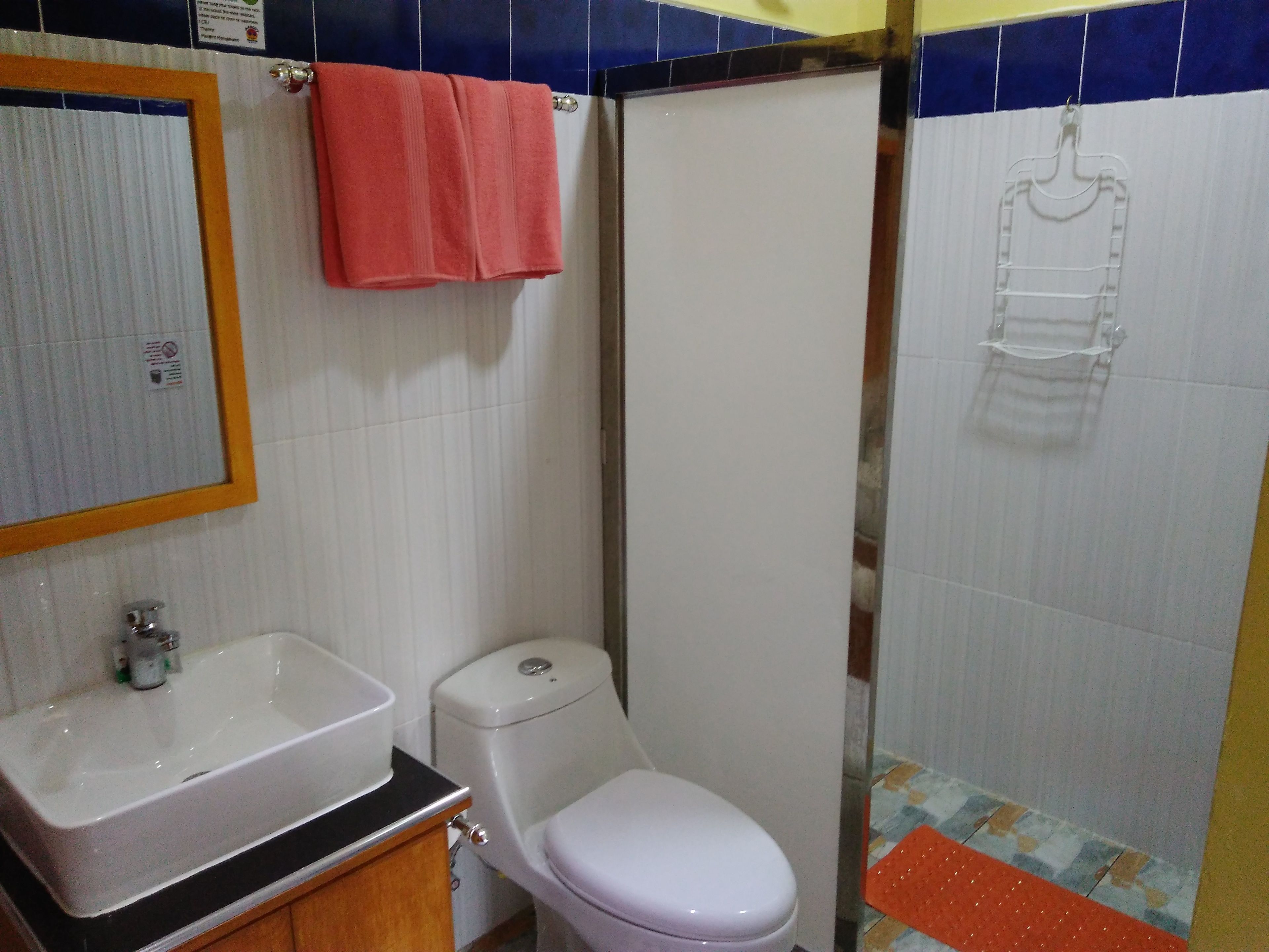 A bathroom with a white sink, a toilet, and a shower area.