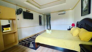 Een slaapkamer met een bed, een televisie, een airconditioningapparaat, een spiegel en een nachtkastje.