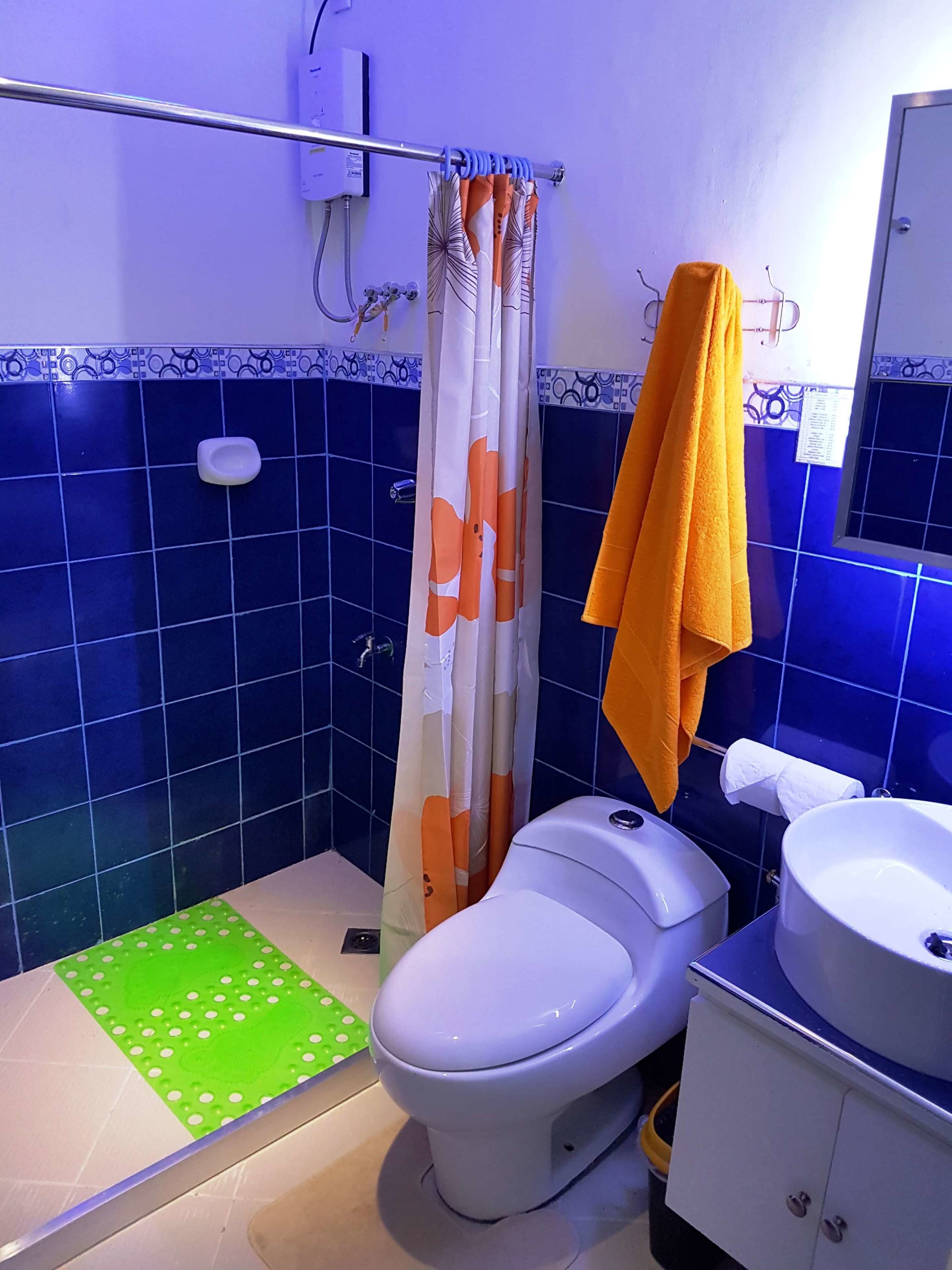 A bathroom with a toilet, sink, and shower curtain.