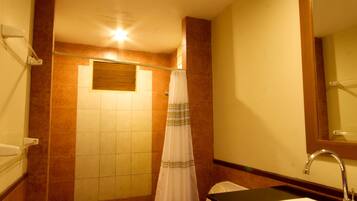 Un baño con ducha, inodoro, lavabo y espejo.