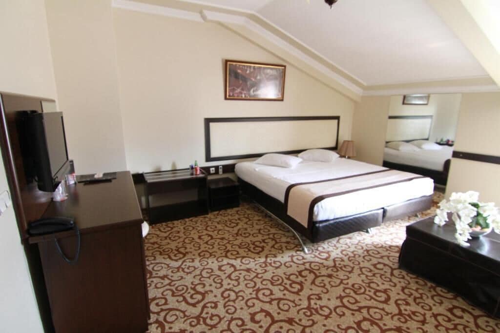 A hotel room with a bed, a desk, a television, and a patterned carpet.
