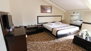 Una habitación de hotel con cama, escritorio, televisor y alfombra estampada.