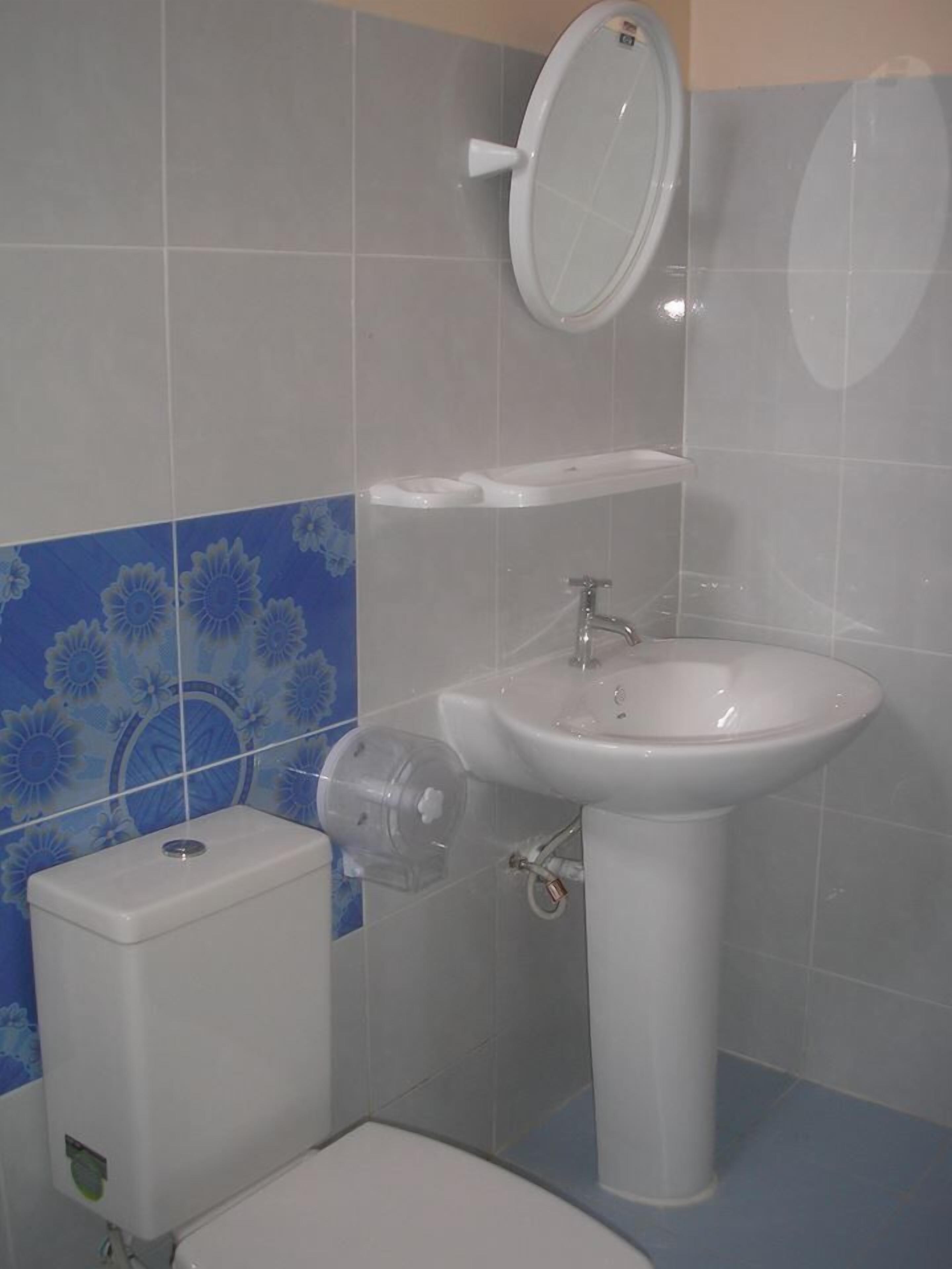 A bathroom with a toilet, a sink, and a mirror.