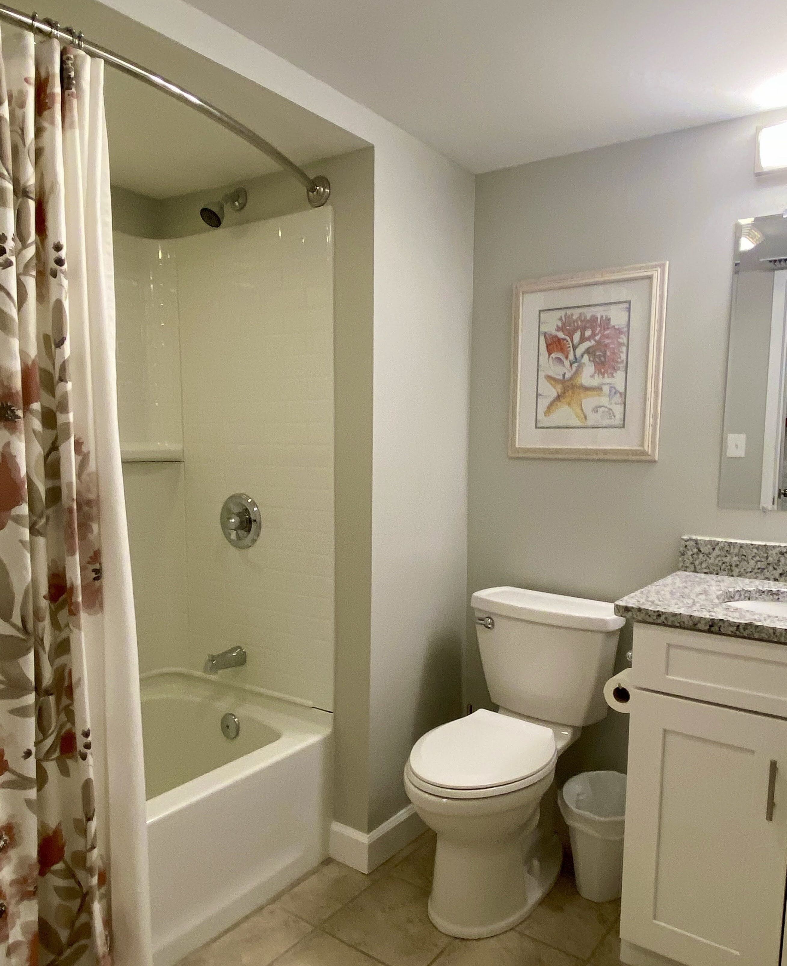 Une salle de bain avec douche, toilettes et lavabo.