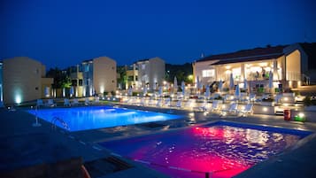 Outdoor pool, pool umbrellas, pool loungers