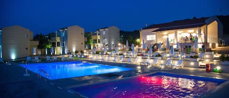 Outdoor pool, pool umbrellas, pool loungers