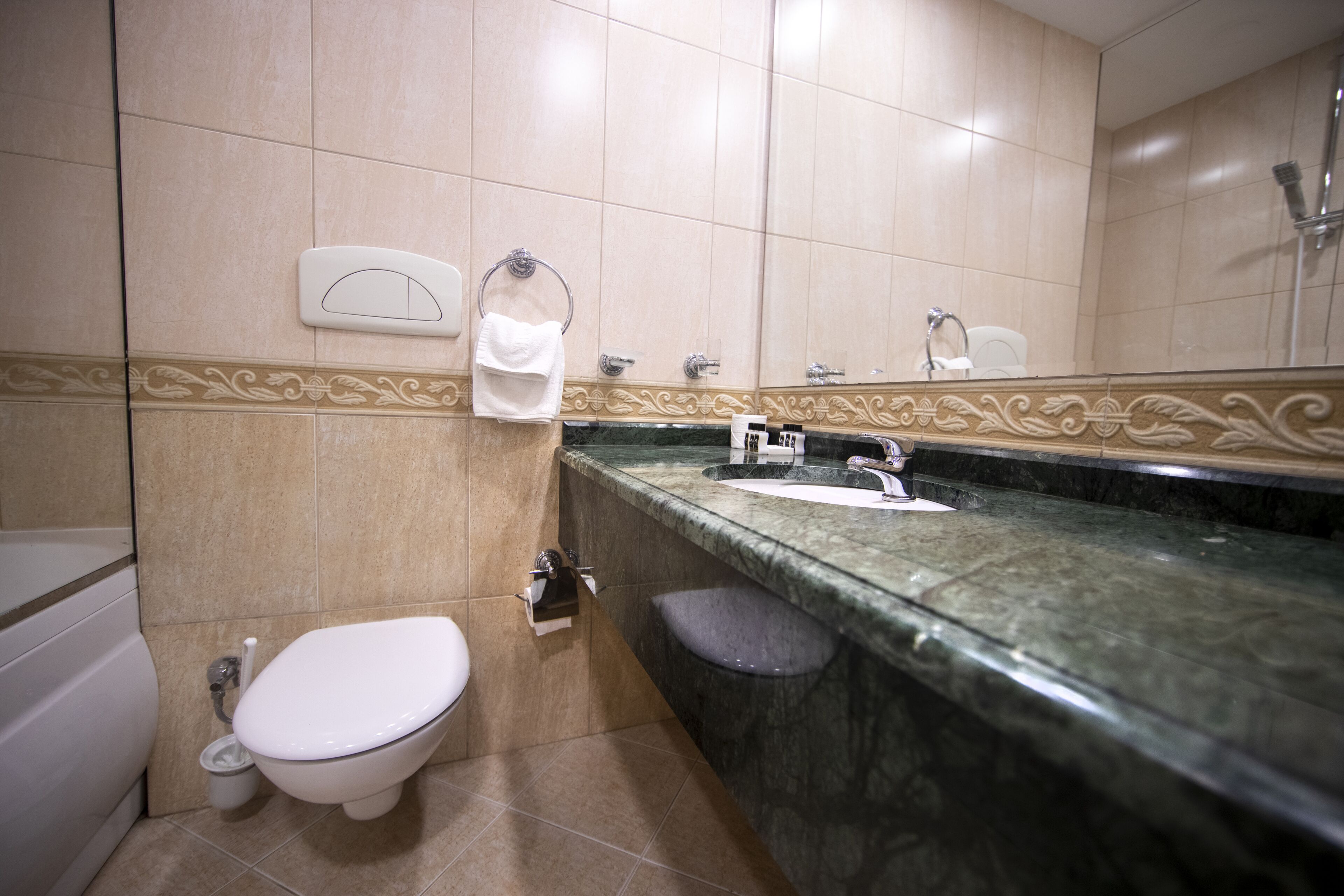 A bathroom with a toilet, sink, and mirror.