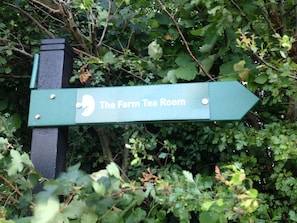 Un panneau indicateur pour le salon de thé « The Farm Tea Room ».