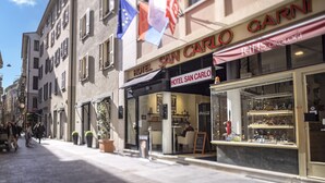 A street view of Hotel San Carlo with a clear sign, potted plants, and a visible storefront. - Hotel San Carlo (Lugano)
