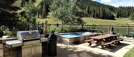 Un patio exterior con una parrilla, un jacuzzi y una mesa de picnic.