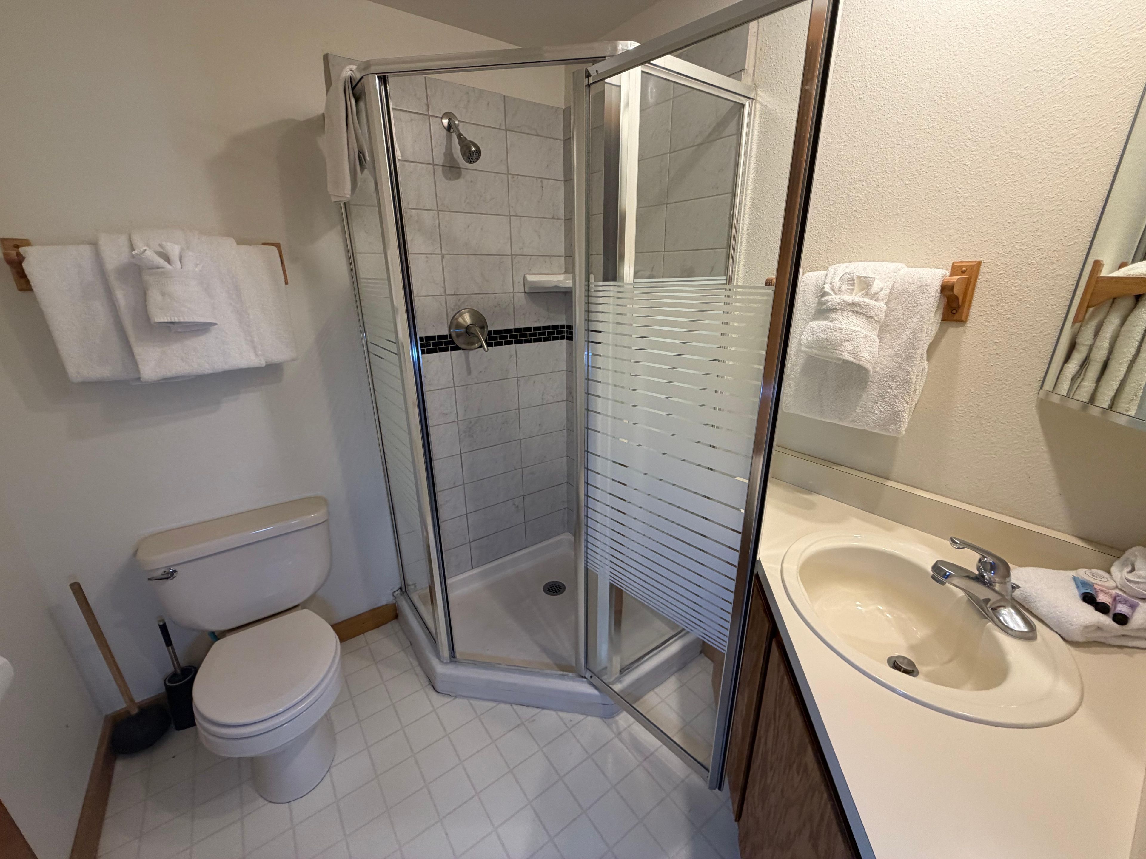 A modern bathroom with a glass-enclosed shower, a toilet, and a sink with a mirror.
