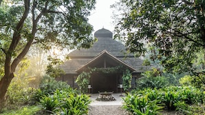 A traditional building with a thatched roof, surrounded by lush greenery and a gravel pathway leading to the entrance. - Tiger Tops Karnali Lodge (Thakudwara)