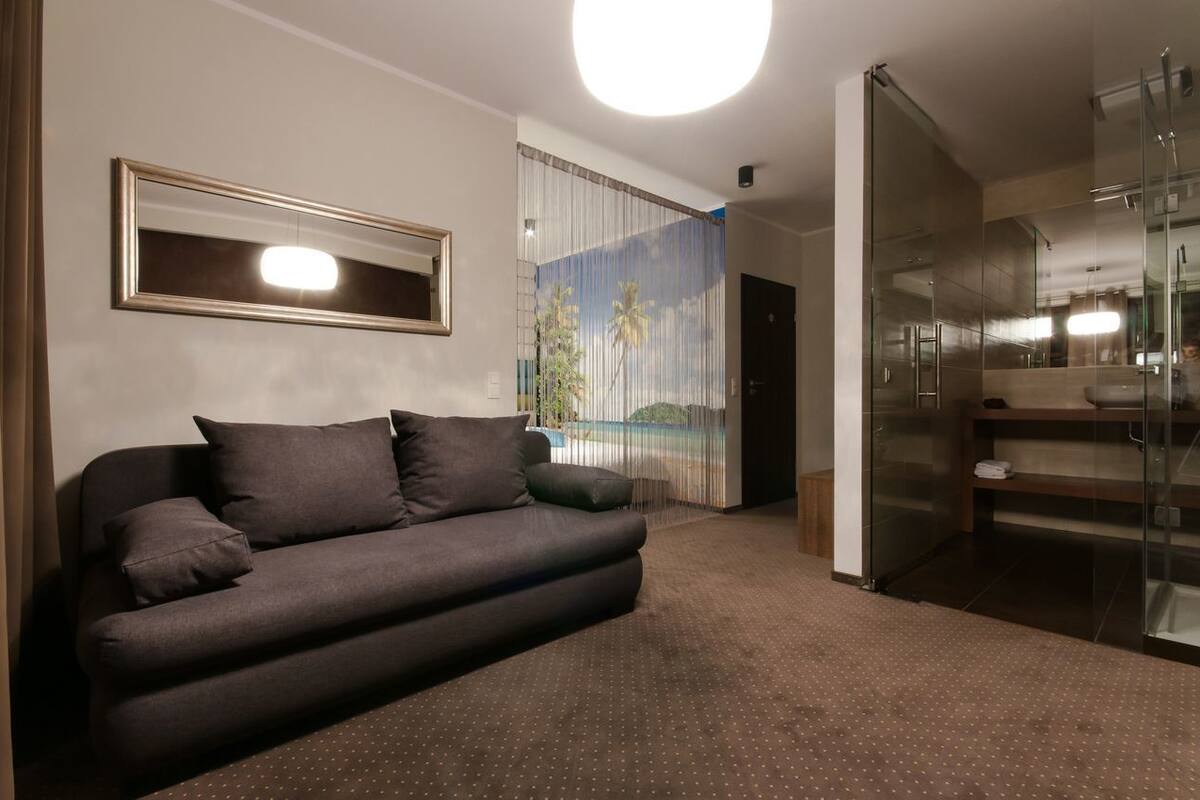 Een moderne woonkamer met een donkere bank, een grote spiegel en een douchecabine van glas.