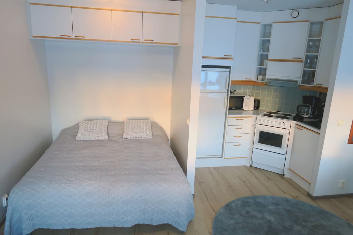 A compact bedroom with a bed, a small kitchenette with a stove and microwave, and a grey rug.