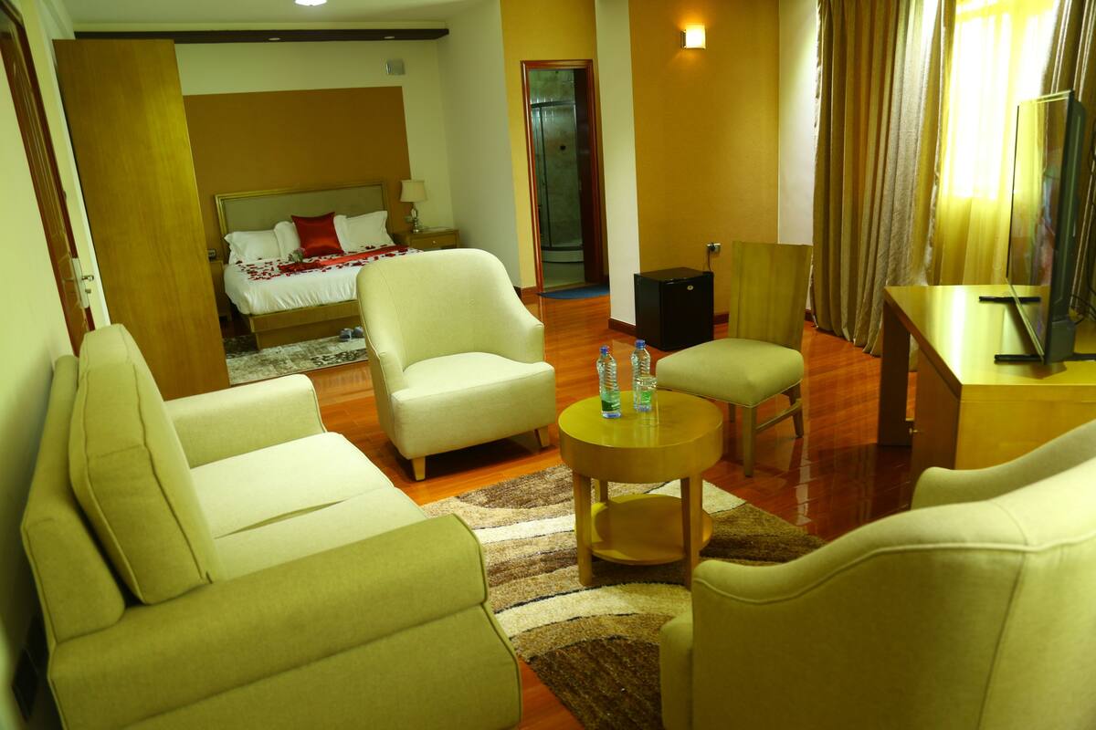 deluxe room, 1 king bed, accessible, lake view | premium bedding, minibar, in-room safe, desk
