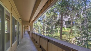 A covered corridor with large windows and a view of a forested area. - The Lift C112 (Breckenridge)